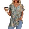 imageOFEEFAN Womens Summer Tops Babydoll Short Sleeve Shirts Puff Sleeve Peplum Tops V Neck T ShirtsQgreen Ethnic Floral