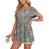 imageOFEEFAN Womens Summer Tops Babydoll Short Sleeve Shirts Puff Sleeve Peplum Tops V Neck T ShirtsQgreen Ethnic Floral