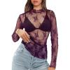 imageOFEEFAN Womens Long Sleeve Mesh Top See Through Mock Neck Sheer BlousesPurple Leaf