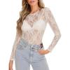imageOFEEFAN Womens Mesh Tops Lace Long Sleeve Shirts Crewneck Slim Fitted Outfits See Through BlousesWhite