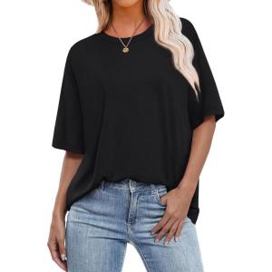 imageOFEEFAN Summer Tops for Women 2025 Short Sleeve Shirts Dressy Casual Crew Neck Tshirts FashionBlack