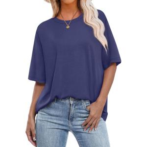 imageOFEEFAN Summer Tops for Women 2025 Short Sleeve Shirts Dressy Casual Crew Neck Tshirts FashionBlue