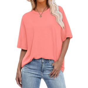 imageOFEEFAN Summer Tops for Women 2025 Short Sleeve Shirts Dressy Casual Crew Neck Tshirts FashionCoral