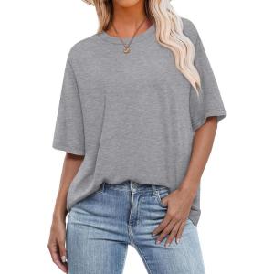imageOFEEFAN Summer Tops for Women 2025 Short Sleeve Shirts Dressy Casual Crew Neck Tshirts FashionGrey