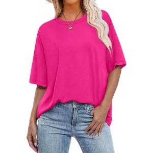 imageOFEEFAN Summer Tops for Women 2025 Short Sleeve Shirts Dressy Casual Crew Neck Tshirts FashionHot Pink