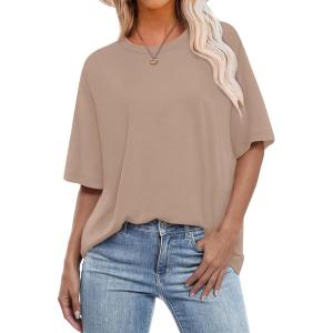 imageOFEEFAN Summer Tops for Women 2025 Short Sleeve Shirts Dressy Casual Crew Neck Tshirts FashionKhaki