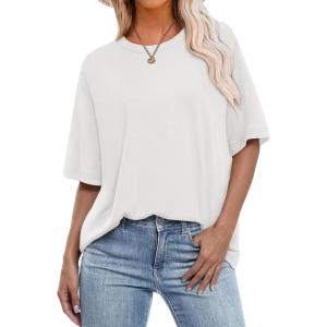 imageOFEEFAN Summer Tops for Women 2025 Short Sleeve Shirts Dressy Casual Crew Neck Tshirts FashionWhite