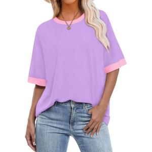 imageOFEEFAN Summer Tops for Women 2025 Short Sleeve Shirts Dressy Casual Crew Neck Tshirts FashionZviolet