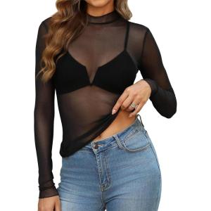 imageOFEEFAN Womens Long Sleeve Mesh Top See Through Mock Neck Sheer BlousesBlack
