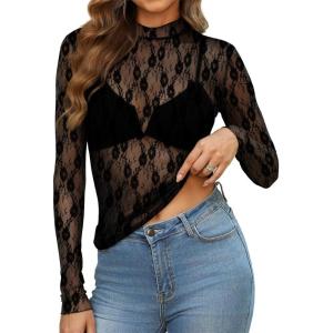 imageOFEEFAN Womens Long Sleeve Mesh Top See Through Mock Neck Sheer BlousesBlack Lace
