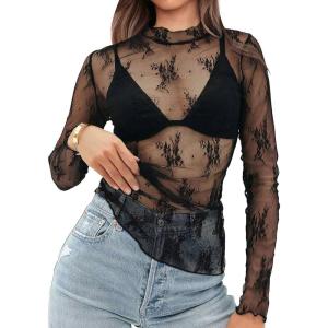 imageOFEEFAN Womens Long Sleeve Mesh Top See Through Mock Neck Sheer BlousesBlack Leaf