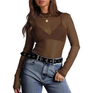 imageOFEEFAN Womens Long Sleeve Mesh Top See Through Mock Neck Sheer BlousesCoffee
