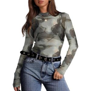 imageOFEEFAN Womens Long Sleeve Mesh Top See Through Mock Neck Sheer BlousesGrey