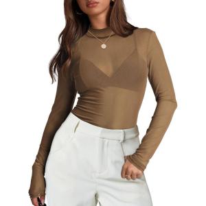 imageOFEEFAN Womens Long Sleeve Mesh Top See Through Mock Neck Sheer BlousesKhaki
