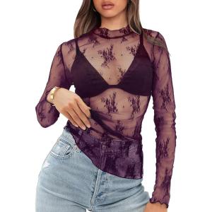 imageOFEEFAN Womens Long Sleeve Mesh Top See Through Mock Neck Sheer BlousesPurple Leaf