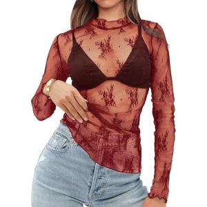 imageOFEEFAN Womens Long Sleeve Mesh Top See Through Mock Neck Sheer BlousesRed Leaf