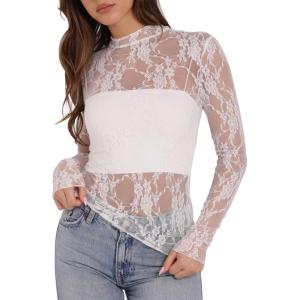 imageOFEEFAN Womens Long Sleeve Mesh Top See Through Mock Neck Sheer BlousesWhite Floral