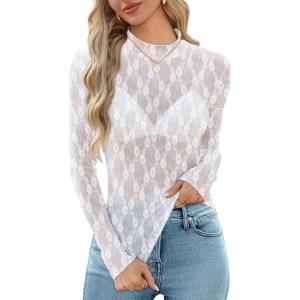 imageOFEEFAN Womens Long Sleeve Mesh Top See Through Mock Neck Sheer BlousesWhite Lace