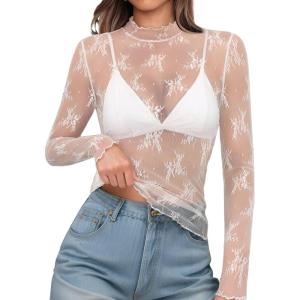 imageOFEEFAN Womens Long Sleeve Mesh Top See Through Mock Neck Sheer BlousesWhite Leaf