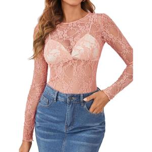 imageOFEEFAN Womens Mesh Tops Lace Long Sleeve Shirts Crewneck Slim Fitted Outfits See Through BlousesCoral