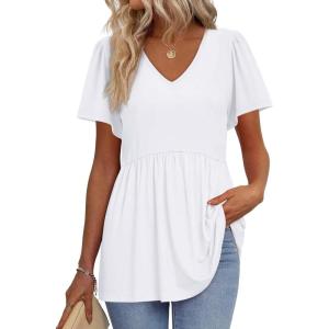 imageOFEEFAN Womens Summer Tops Babydoll Short Sleeve Shirts Puff Sleeve Peplum Tops V Neck T ShirtsAwhite