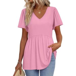 imageOFEEFAN Womens Summer Tops Babydoll Short Sleeve Shirts Puff Sleeve Peplum Tops V Neck T ShirtsCpink
