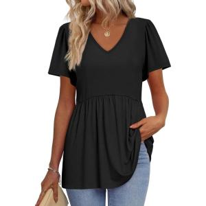 imageOFEEFAN Womens Summer Tops Babydoll Short Sleeve Shirts Puff Sleeve Peplum Tops V Neck T ShirtsDblack