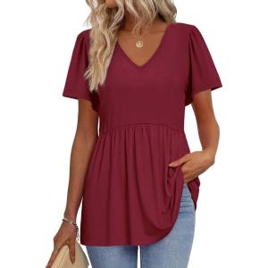 imageOFEEFAN Womens Summer Tops Babydoll Short Sleeve Shirts Puff Sleeve Peplum Tops V Neck T ShirtsEwine Red