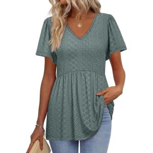 imageOFEEFAN Womens Summer Tops Babydoll Short Sleeve Shirts Puff Sleeve Peplum Tops V Neck T ShirtsFeyelet Gray Green