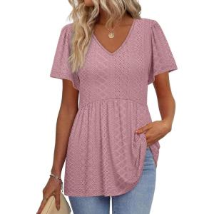 imageOFEEFAN Womens Summer Tops Babydoll Short Sleeve Shirts Puff Sleeve Peplum Tops V Neck T ShirtsGeyelet Dust Pink