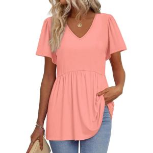 imageOFEEFAN Womens Summer Tops Babydoll Short Sleeve Shirts Puff Sleeve Peplum Tops V Neck T ShirtsHcoral