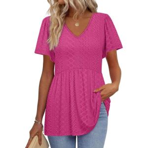 imageOFEEFAN Womens Summer Tops Babydoll Short Sleeve Shirts Puff Sleeve Peplum Tops V Neck T ShirtsIeyelet Hot Pink