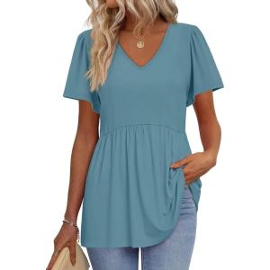 imageOFEEFAN Womens Summer Tops Babydoll Short Sleeve Shirts Puff Sleeve Peplum Tops V Neck T ShirtsJturquoise