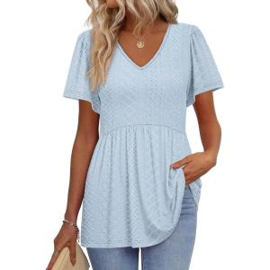 imageOFEEFAN Womens Summer Tops Babydoll Short Sleeve Shirts Puff Sleeve Peplum Tops V Neck T ShirtsKeyelet Blue