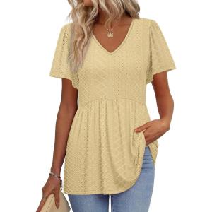 imageOFEEFAN Womens Summer Tops Babydoll Short Sleeve Shirts Puff Sleeve Peplum Tops V Neck T ShirtsLeyelet Yellow