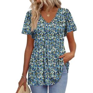 imageOFEEFAN Womens Summer Tops Babydoll Short Sleeve Shirts Puff Sleeve Peplum Tops V Neck T ShirtsMfloral Blue