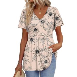 imageOFEEFAN Womens Summer Tops Babydoll Short Sleeve Shirts Puff Sleeve Peplum Tops V Neck T ShirtsPfloral Beige