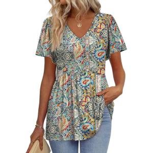 imageOFEEFAN Womens Summer Tops Babydoll Short Sleeve Shirts Puff Sleeve Peplum Tops V Neck T ShirtsQgreen Ethnic Floral