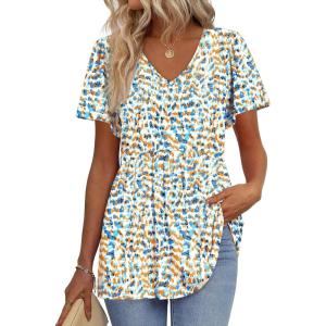 imageOFEEFAN Womens Summer Tops Babydoll Short Sleeve Shirts Puff Sleeve Peplum Tops V Neck T ShirtsRcamo Floral