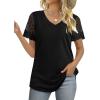 imageOFEEFAN Casual V Neck T Shirts for Women Lace Short Sleeve Curved Hem Tops Loose Fit00black