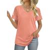 imageOFEEFAN Casual V Neck T Shirts for Women Lace Short Sleeve Curved Hem Tops Loose Fit01coral