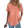 imageOFEEFAN Casual V Neck T Shirts for Women Lace Short Sleeve Curved Hem Tops Loose Fit01coral