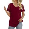 imageOFEEFAN Casual V Neck T Shirts for Women Lace Short Sleeve Curved Hem Tops Loose Fit02burgundy