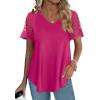 imageOFEEFAN Casual V Neck T Shirts for Women Lace Short Sleeve Curved Hem Tops Loose Fit02hot Pink