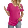 imageOFEEFAN Casual V Neck T Shirts for Women Lace Short Sleeve Curved Hem Tops Loose Fit02hot Pink
