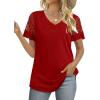imageOFEEFAN Casual V Neck T Shirts for Women Lace Short Sleeve Curved Hem Tops Loose Fit02red