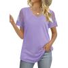 imageOFEEFAN Casual V Neck T Shirts for Women Lace Short Sleeve Curved Hem Tops Loose Fit03lavender