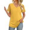 imageOFEEFAN Casual V Neck T Shirts for Women Lace Short Sleeve Curved Hem Tops Loose Fit03yellow