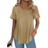 imageOFEEFAN Casual V Neck T Shirts for Women Lace Short Sleeve Curved Hem Tops Loose Fit06khaki
