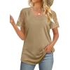 imageOFEEFAN Casual V Neck T Shirts for Women Lace Short Sleeve Curved Hem Tops Loose Fit06khaki